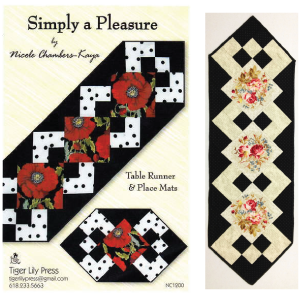 Simply a Pleasure, Tiger Lily Press, Pattern #1200 This is a great pattern for panels with five squares per row, since the squares can be trimmed slightly to fit the pattern. The image to the left shows how we kitted it using the LakeHouse Penelope panel.