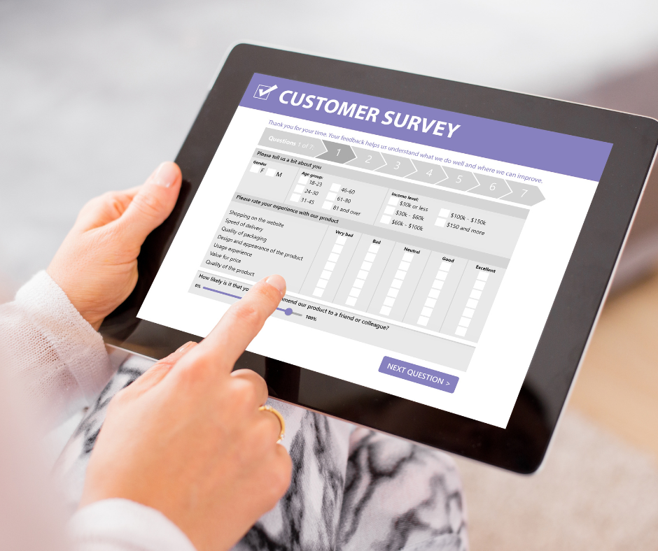 image of a tablet with a survey on the screen